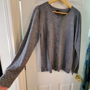 NWT East 5th Women's L Marled Heather Gray w/White Polka Dot Print Cardigan